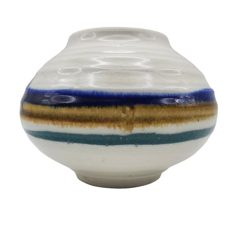 Art Pottery Squat Vase Round‎ Signed Hand Painted Arts & Craft Striped Pot Vtg